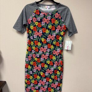 LuLaRoe Julia  Dress  Grey Sleeves Navy Floral Pattern NWT size S